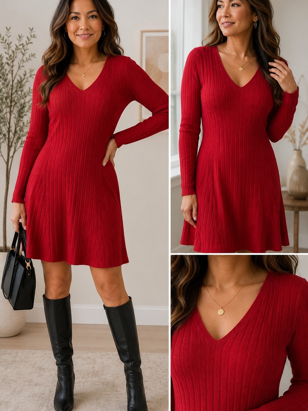 NOBO Red Ribbed V-Neck Long Sleeve Knit Dress PTP 19 - 26
